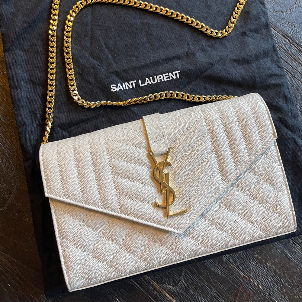 Saint Laurent Small Envelope Monogram Gold Chain Wallet Creme Gold Hardware